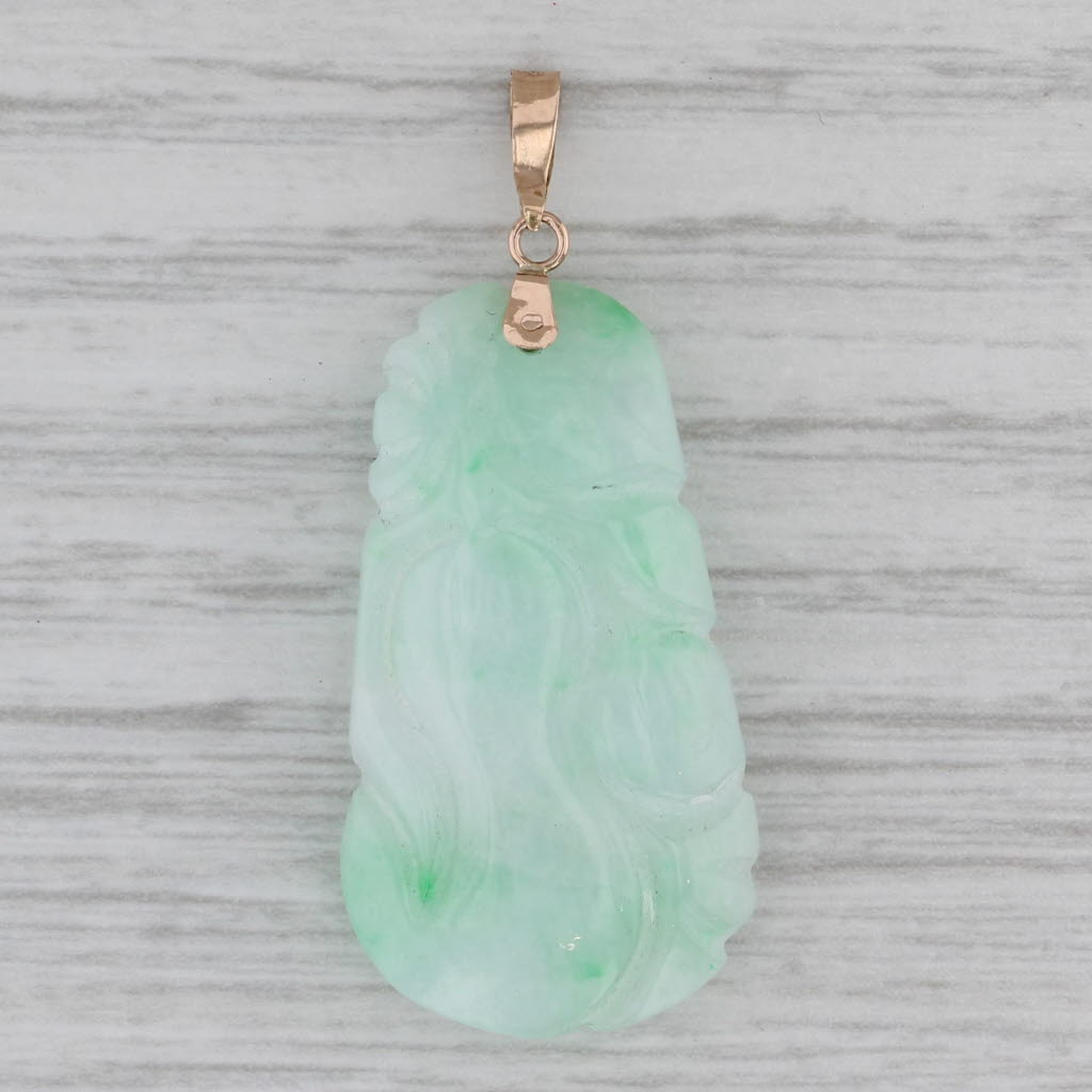 Gray Carved Marbled Green Jadeite Jade Pendant 14k Yellow Gold