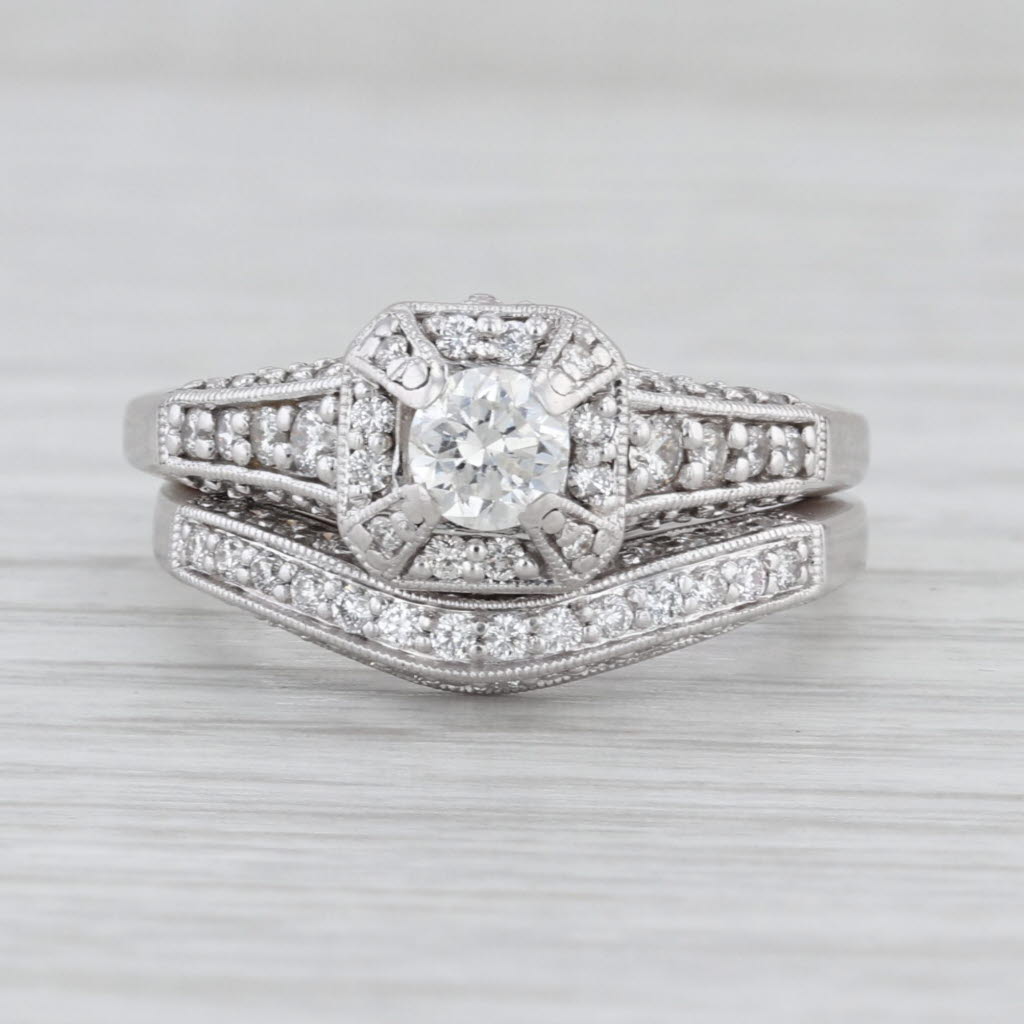 Gabriel & CO 1.06ctw Diamond Halo Engagement Ring Wedding Band Set 14k Gold