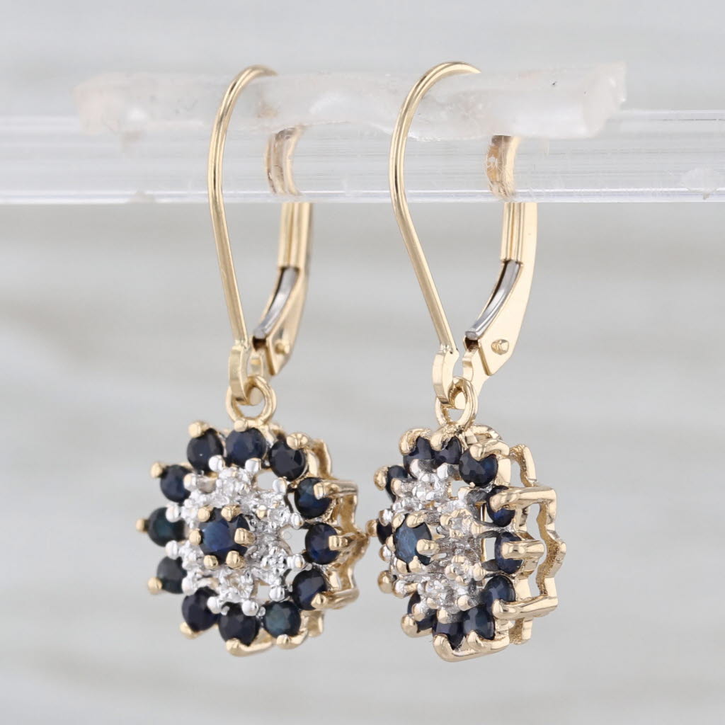 0.96ctw Sapphire Diamond Flower Cluster Dangle Earrings 14k Gold Lever Backs