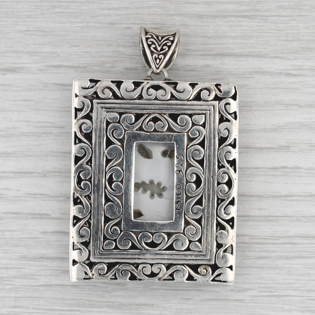 Milo Carved Mother of Pearl Dragon Ornate Frame Pendant Sterling Silver