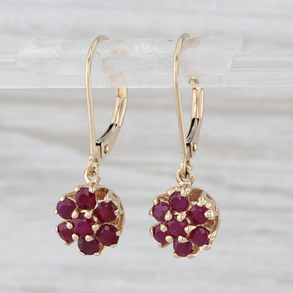 1ctw Ruby Flower Cluster Dangle Earrings 14k Yellow Gold Drops Hook Posts
