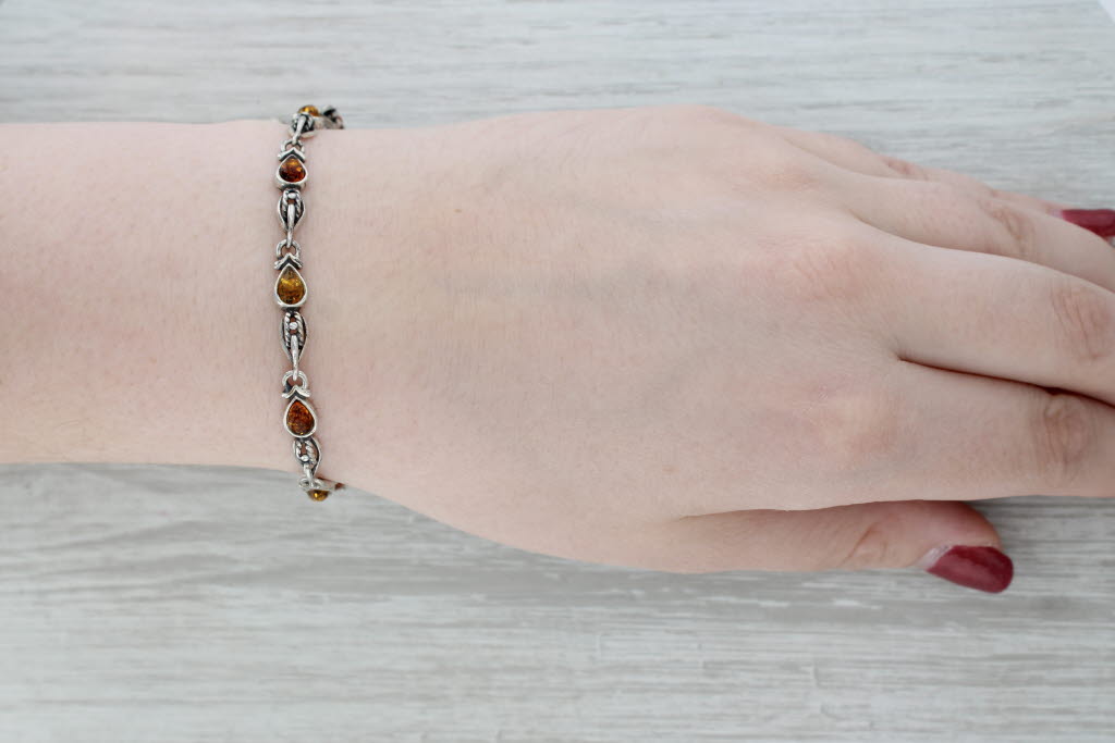Gray Vintage Amber Bracelet Sterling Silver Pear Cabochons 7" 4.4mm