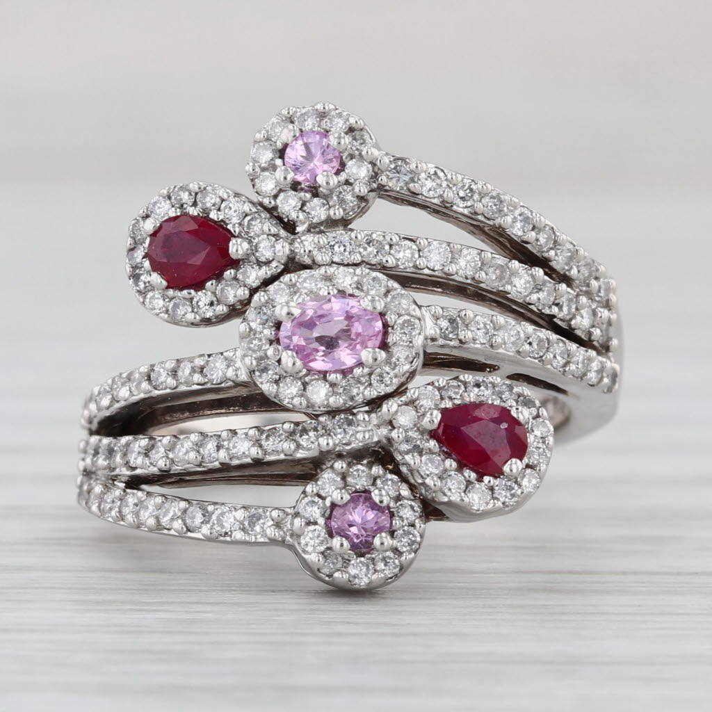 1.53ctw Diamond Pink Sapphire Ruby Cocktail Ring 14k White Gold Size 7.25