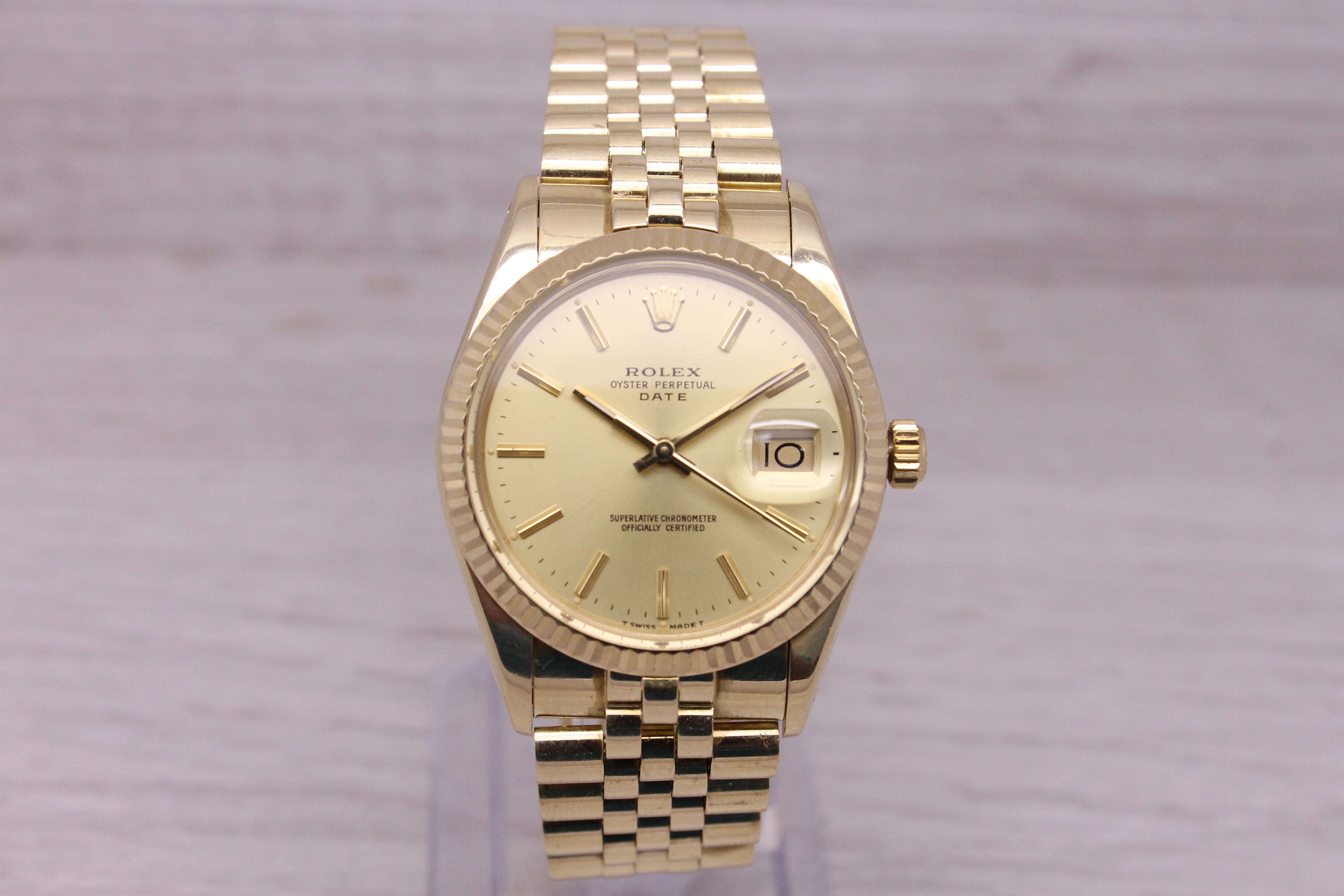 Dark Gray Vintage 1981 Rolex Date 15037 34mm 14k Yellow Gold Automatic Watch Box Papers