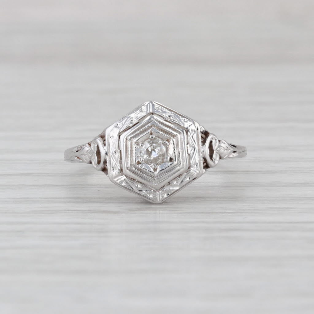 Art Deco Old Euro Diamond Soliiare Ring 14k White Gold Ornate Openwork Size 5.5