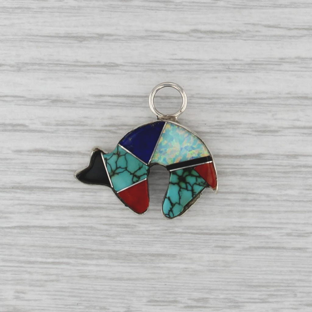Native American Southwestern Bear Pendant Sterling Silver Stone Mosaic Charm