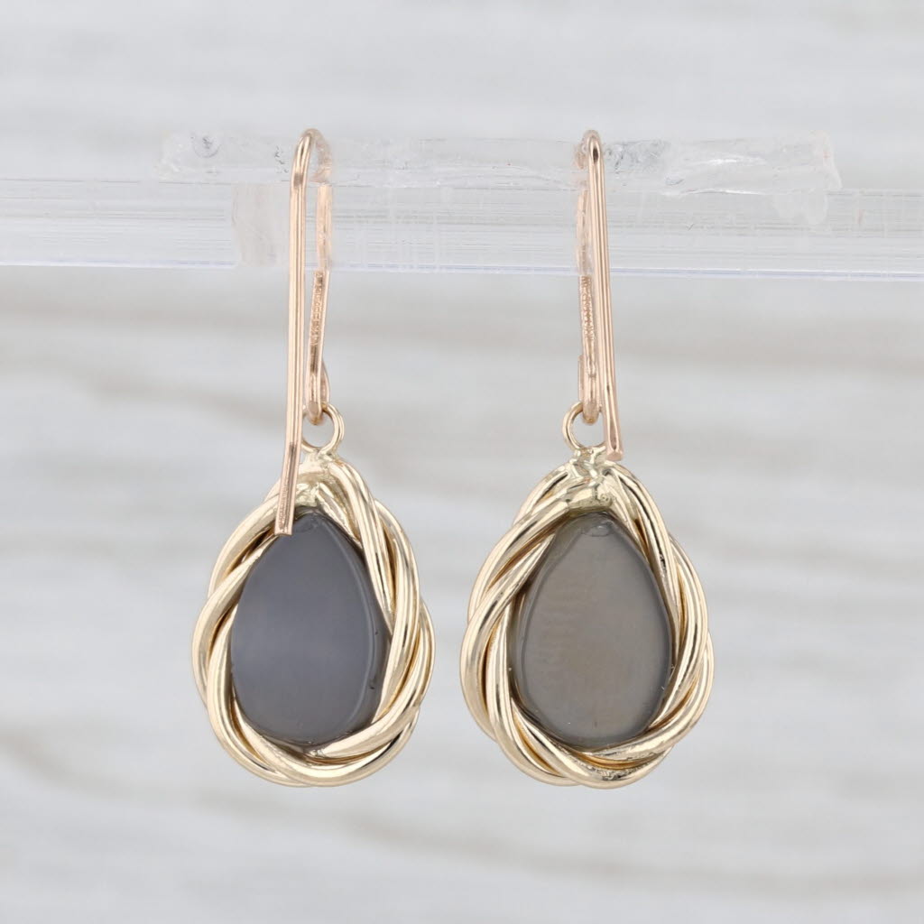 Druzy Quartz Chalcedony Doublet Dangle Earrings 14k Yellow Gold Hook Post Drops