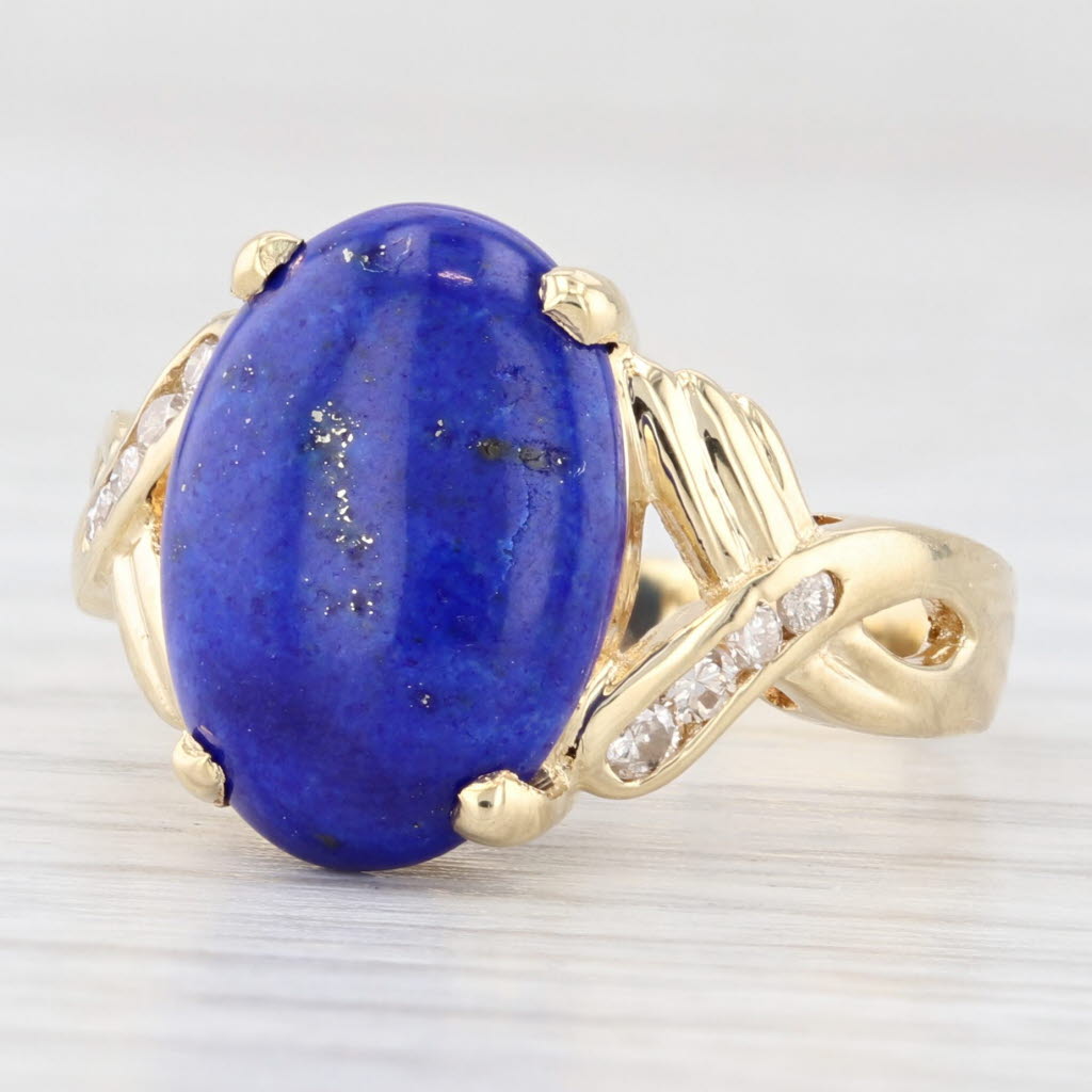 Light Gray Lapis Lazuli Diamond Ring 18k Yellow Gold Size 6.5 Oval Cabochons