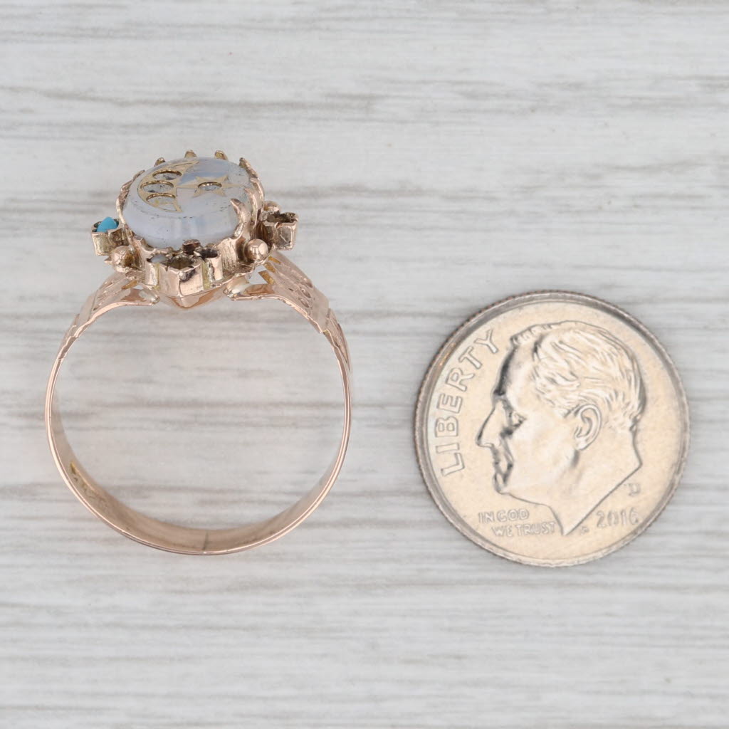 Light Gray Victorian Moon Star Ring 14k Yellow Gold Pearl Glass Ornate Antique AS IS