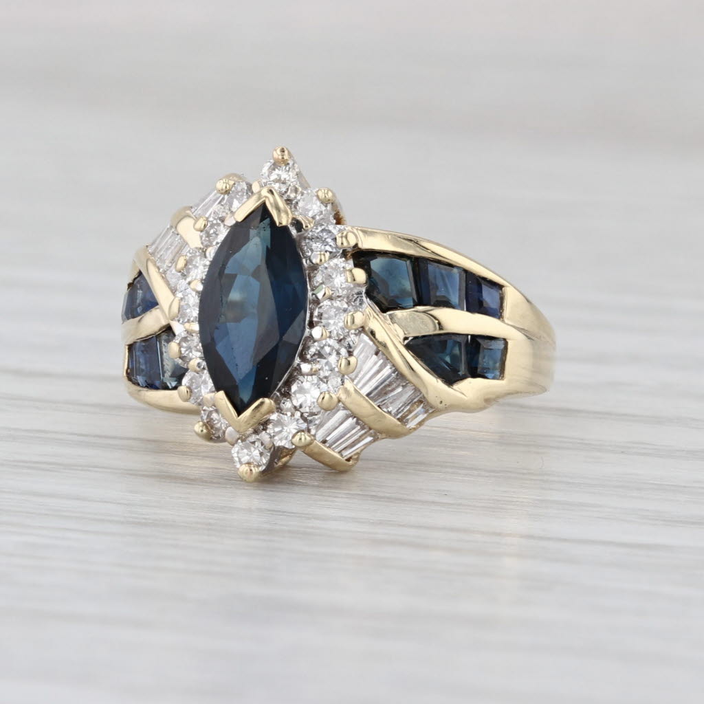 Marquise Blue Sapphire Diamond Halo Ring 14k Yellow Gold Size 6 Bypass