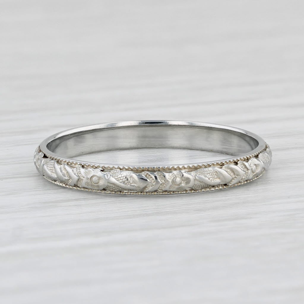 Light Gray Vintage Floral Etched Wedding Band 18k White Gold Stackable Ring Size 9 Woods