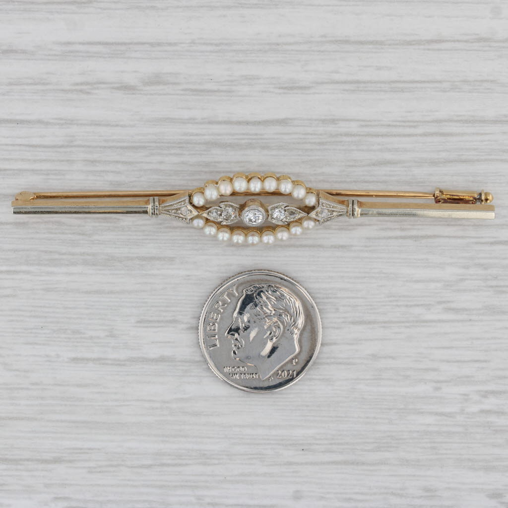 Gray Vintage Pearl Diamond Bar Pin 14k Yellow Gold Brooch