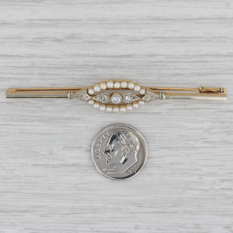 Vintage Pearl Diamond Bar Pin 14k Yellow Gold Brooch