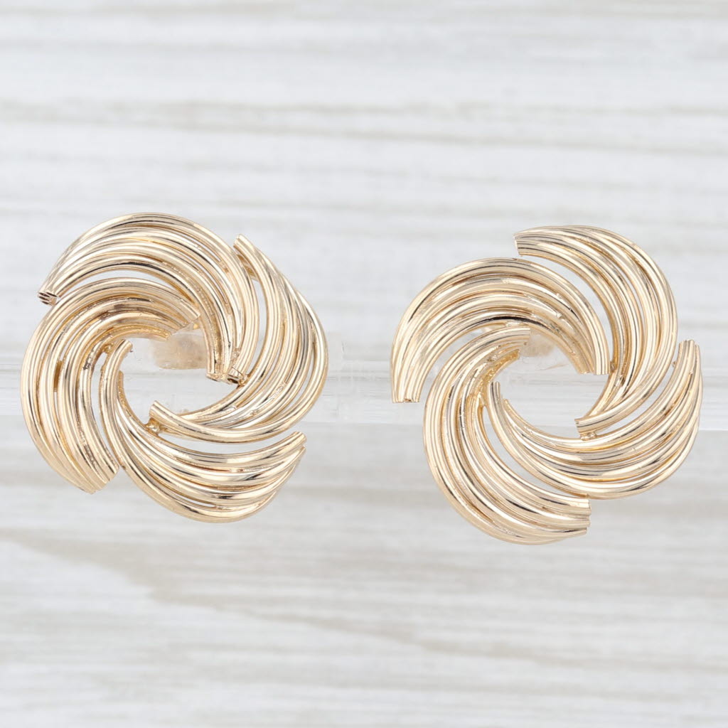 Light Gray Swirl Button Stud Earrings 14k Yellow Gold Butterfly Backs