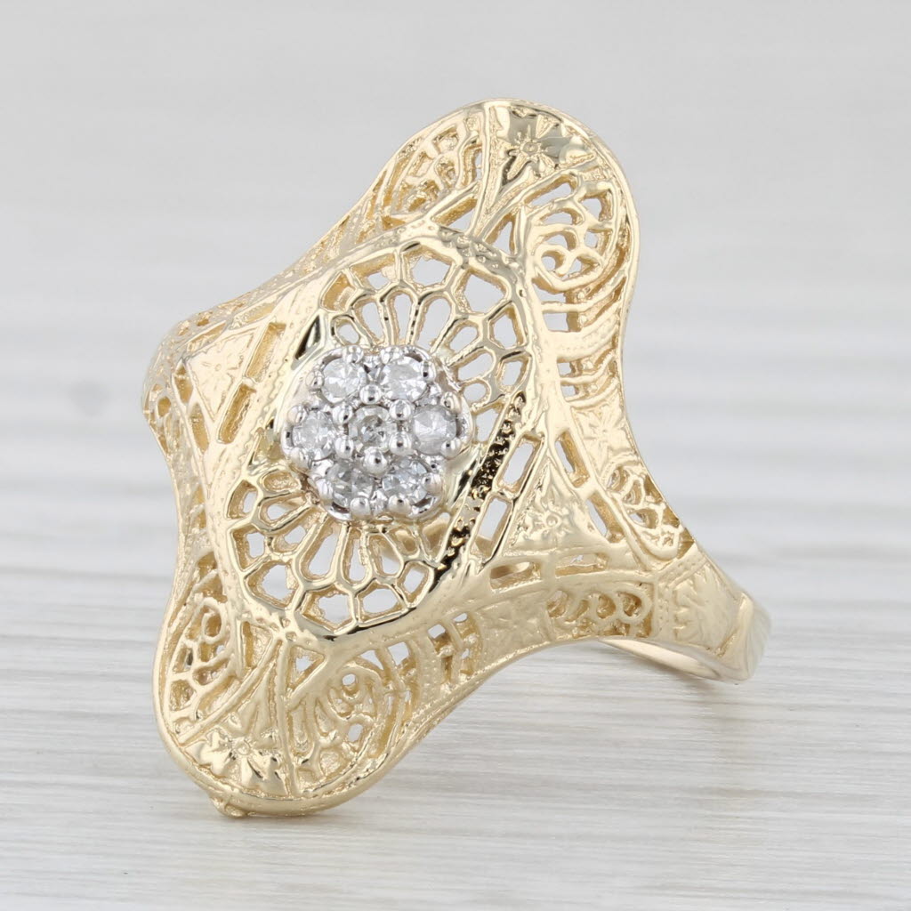 Light Gray Vintage Diamond Cluster Filigree Ring 10k Yellow Gold Size 6