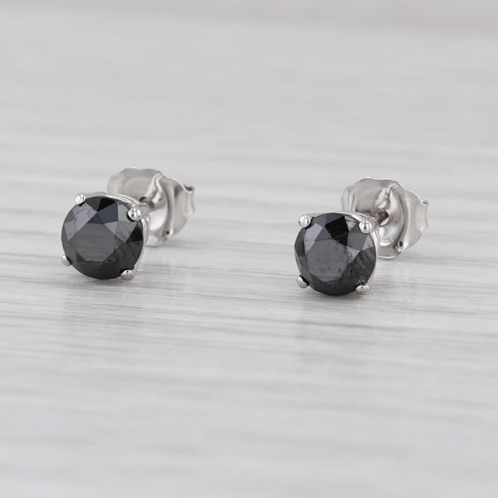 1.37ctw Black Diamond Stud Earrings 10k White Gold Round Solitaire Studs