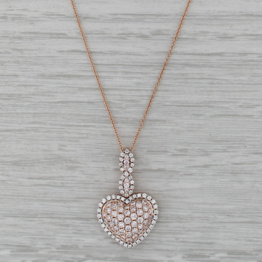 1.35ctw Diamond Pave Heart Pendant Necklace 14k Rose Gold 18" Cable Chain