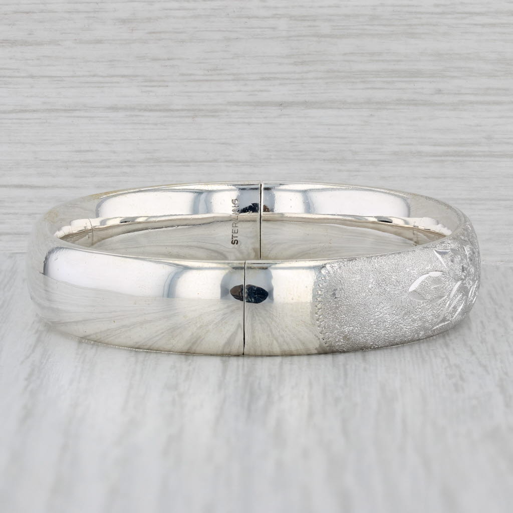 Gray Flower Engraved Bangle Bracelet Sterling Silver 7" 12.5mm