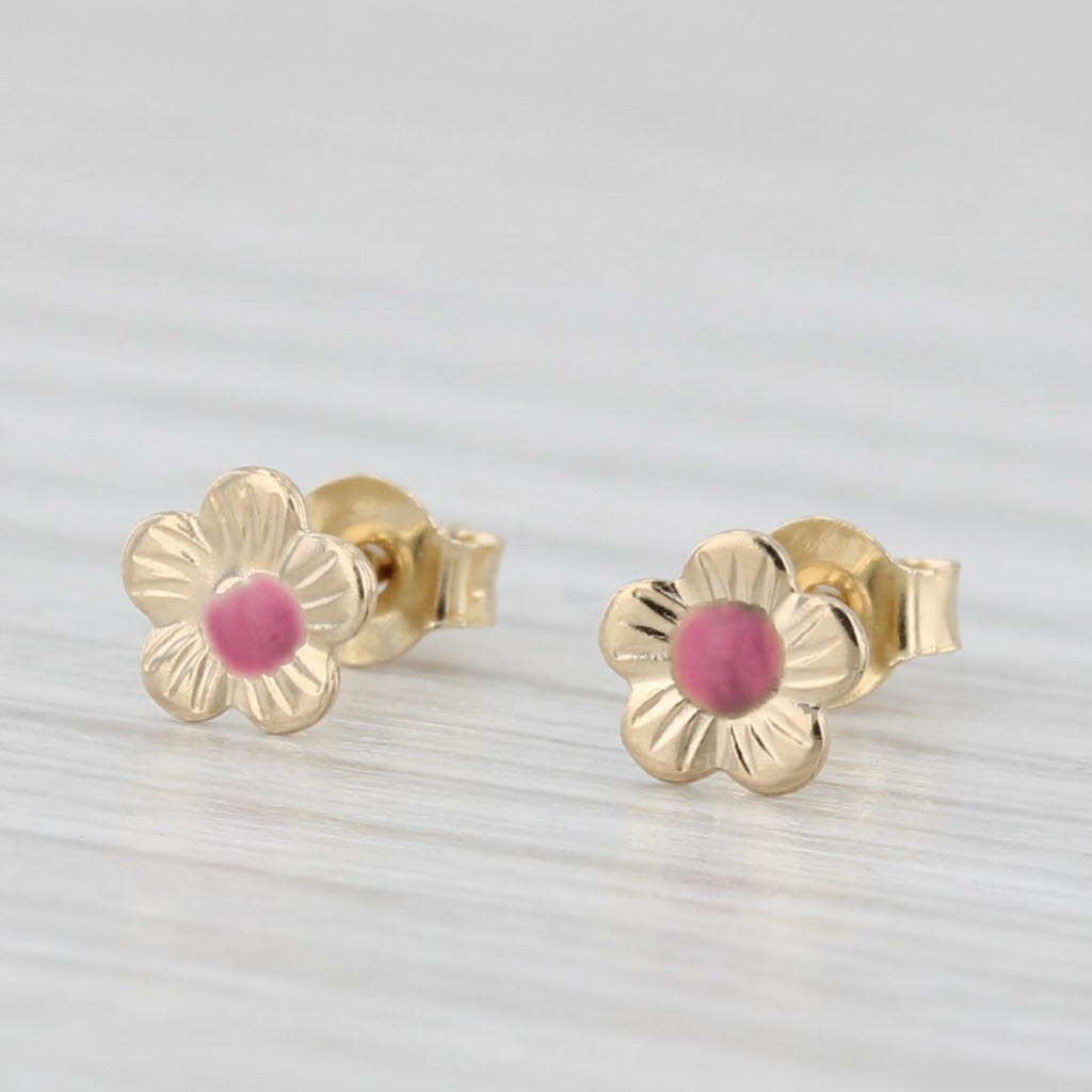 Light Gray Small Pink Enamel Flower Stud Earrings 14k Yellow Gold