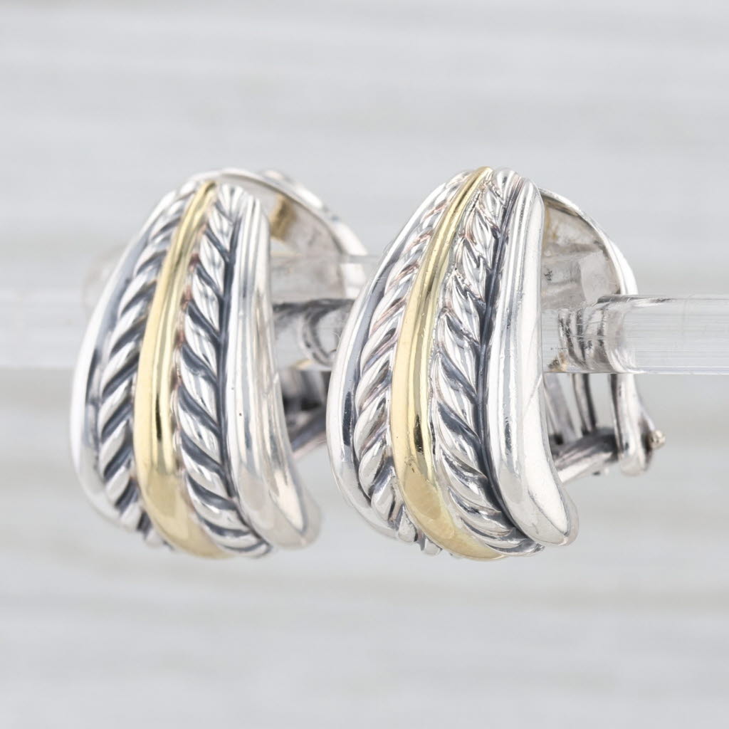 Yurman Cable Thoroughbred J-Hook Earrings Sterling Silver 18k Gold Omega Backs