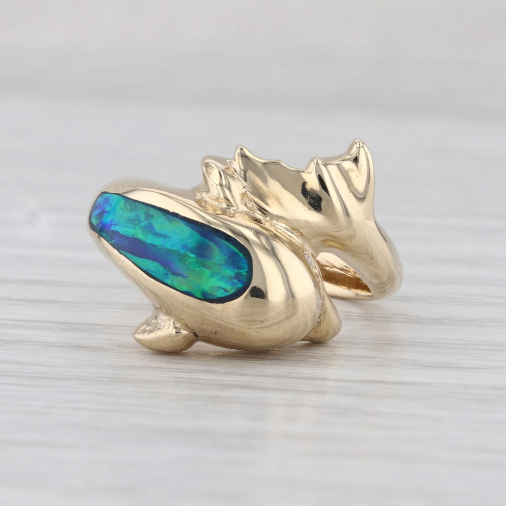 Lab Created Opal Diamond Dolphin Bypass Ring 14k Yellow Gold Size 6.75