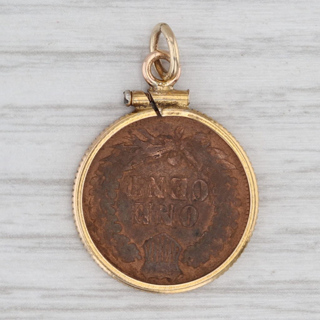 1893 Indian Head Penny Pendant 10k Yellow Gold Copper Bezel Vintage Charm