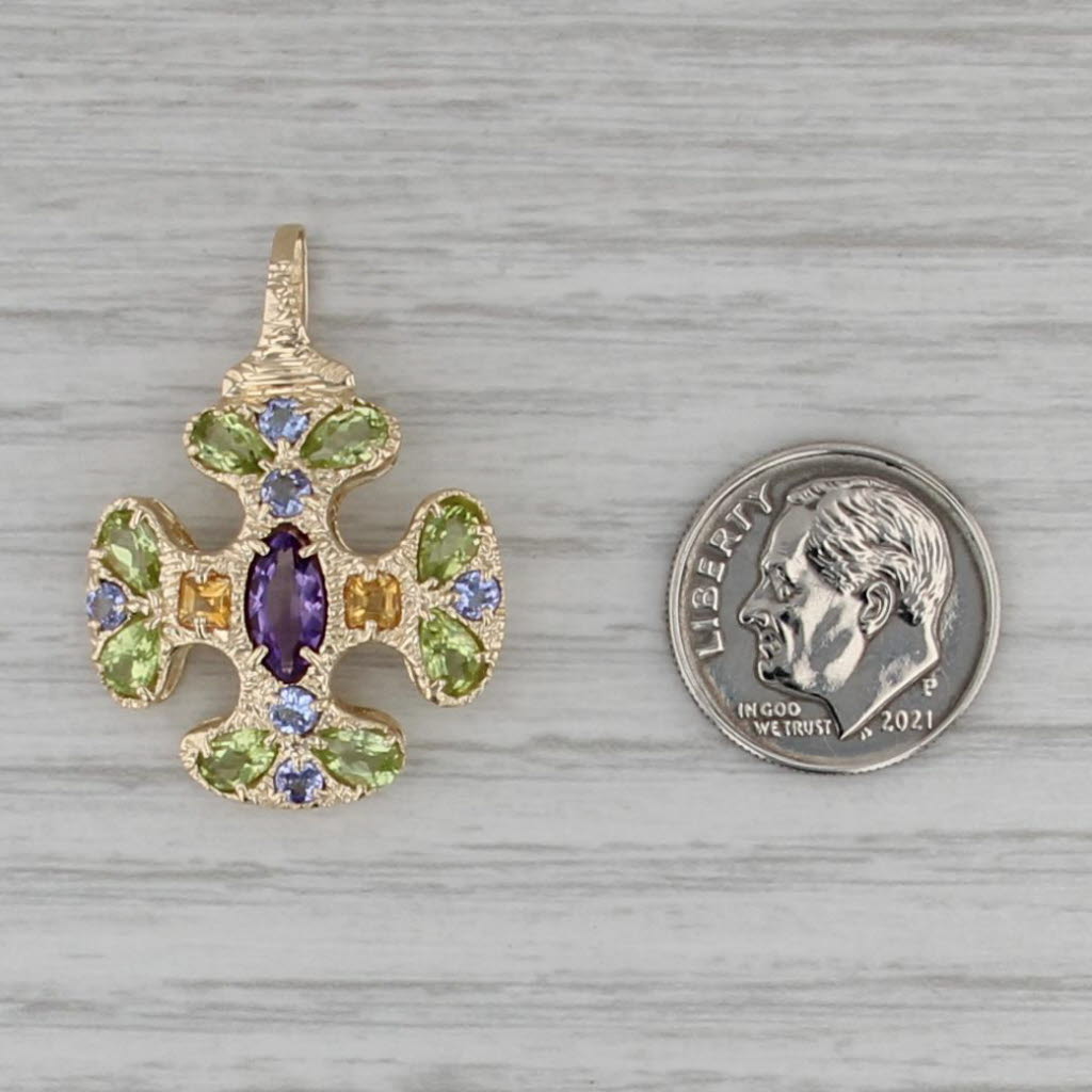 3.19ctw Gemstone Cross Pendant 14k Gold Amethyst Citrine Peridot Tanzanite
