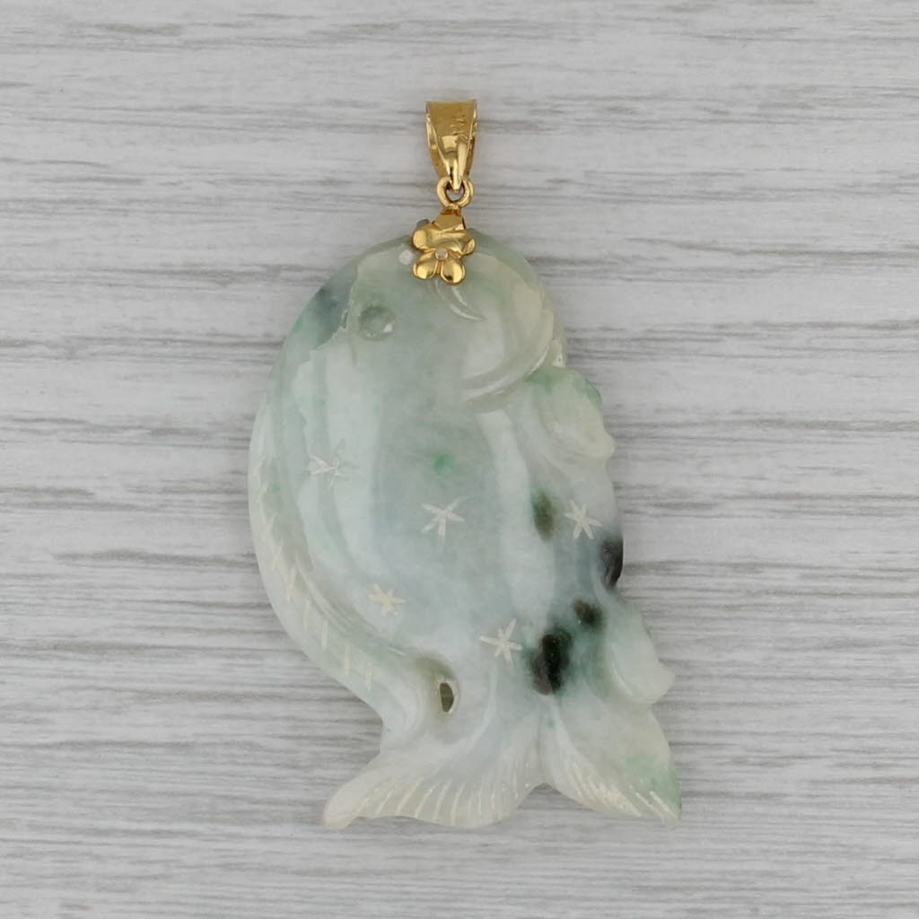 Green Jadeite Jade Carved Large Fish Pendant 14k Gold Star Accents