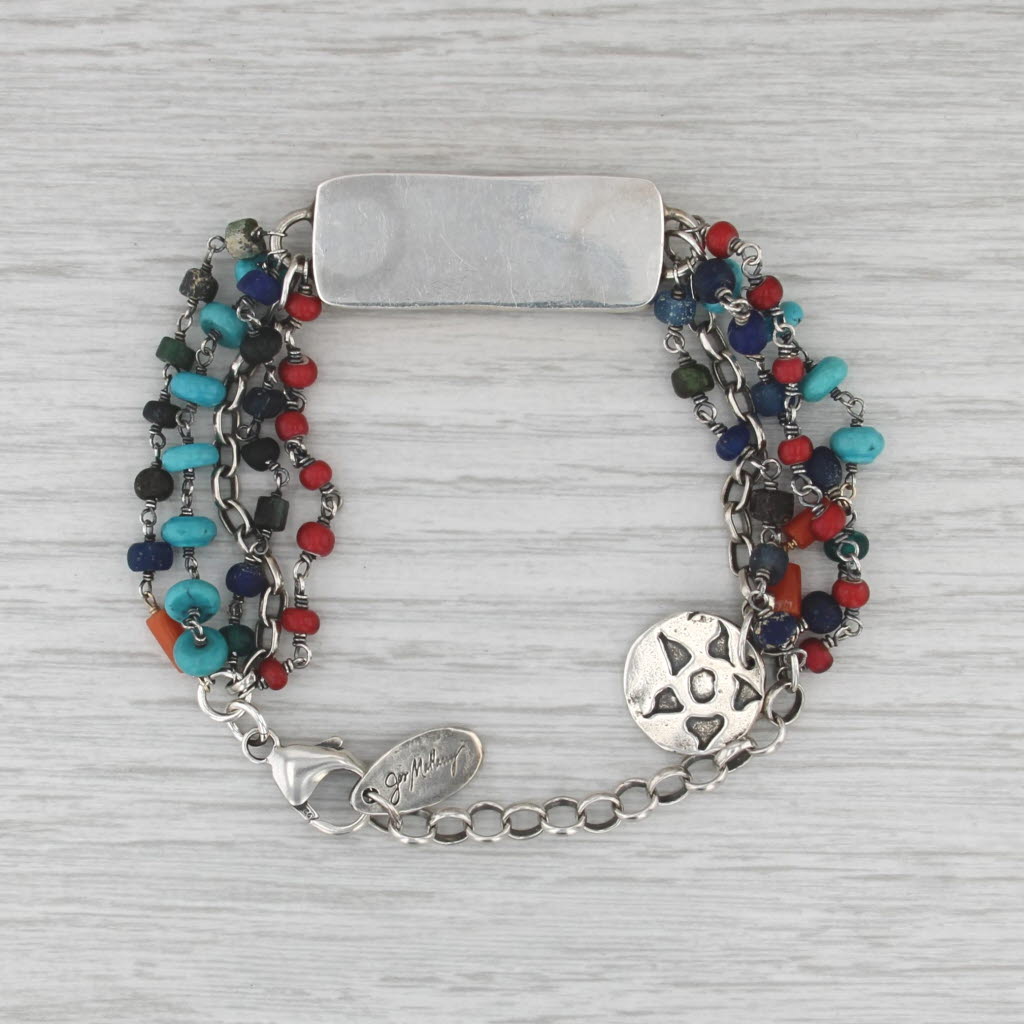 Jes Maharry Lapis Lazuli Coral Turquoise Bead Bracelet Sterling Silver Heart