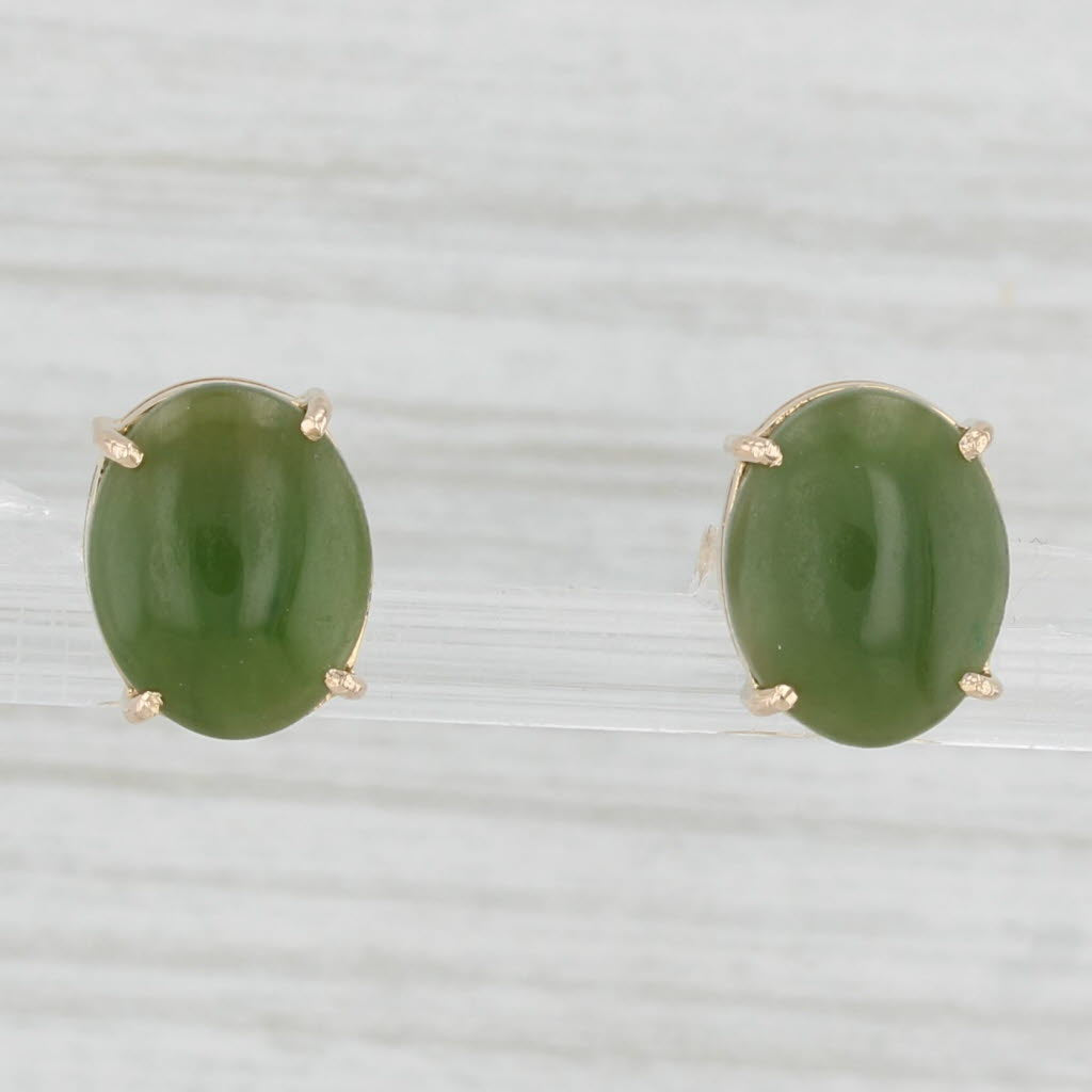 Light Gray Green Nephrite Jade Oval Solitaire Stud Earrings 14k Yellow Gold