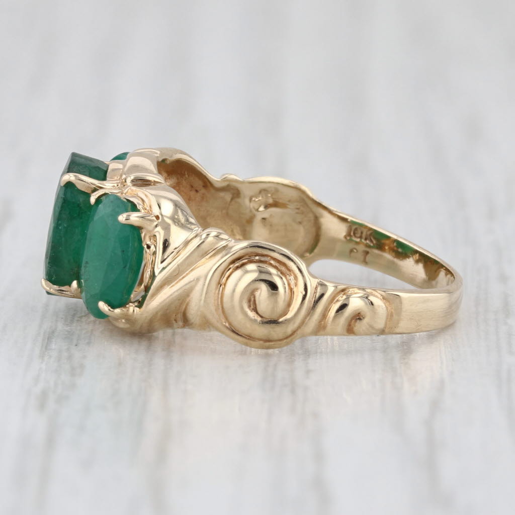 Vintage 2.55ctw 3-Stone Oval Emerald Ring 10k Yellow Gold Size 7