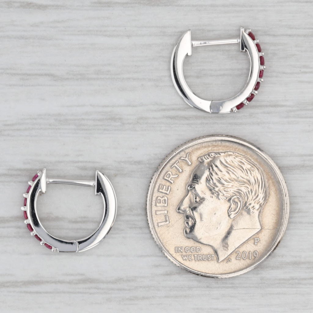Light Gray 0.30ctw Ruby Hoop Huggie Earrings 14k White Gold Round Hoops Snap Top