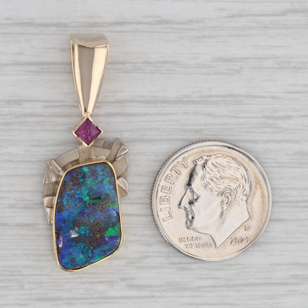 Gray Colorful Boulder Opal Ruby Pendant 14k Yellow White Gold