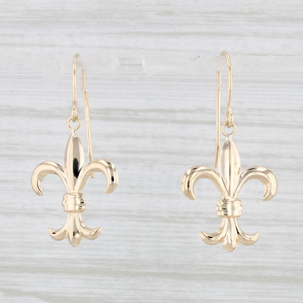 Light Gray Fleur De Lis Dangle Earrings 14k Yellow Gold Hook Posts