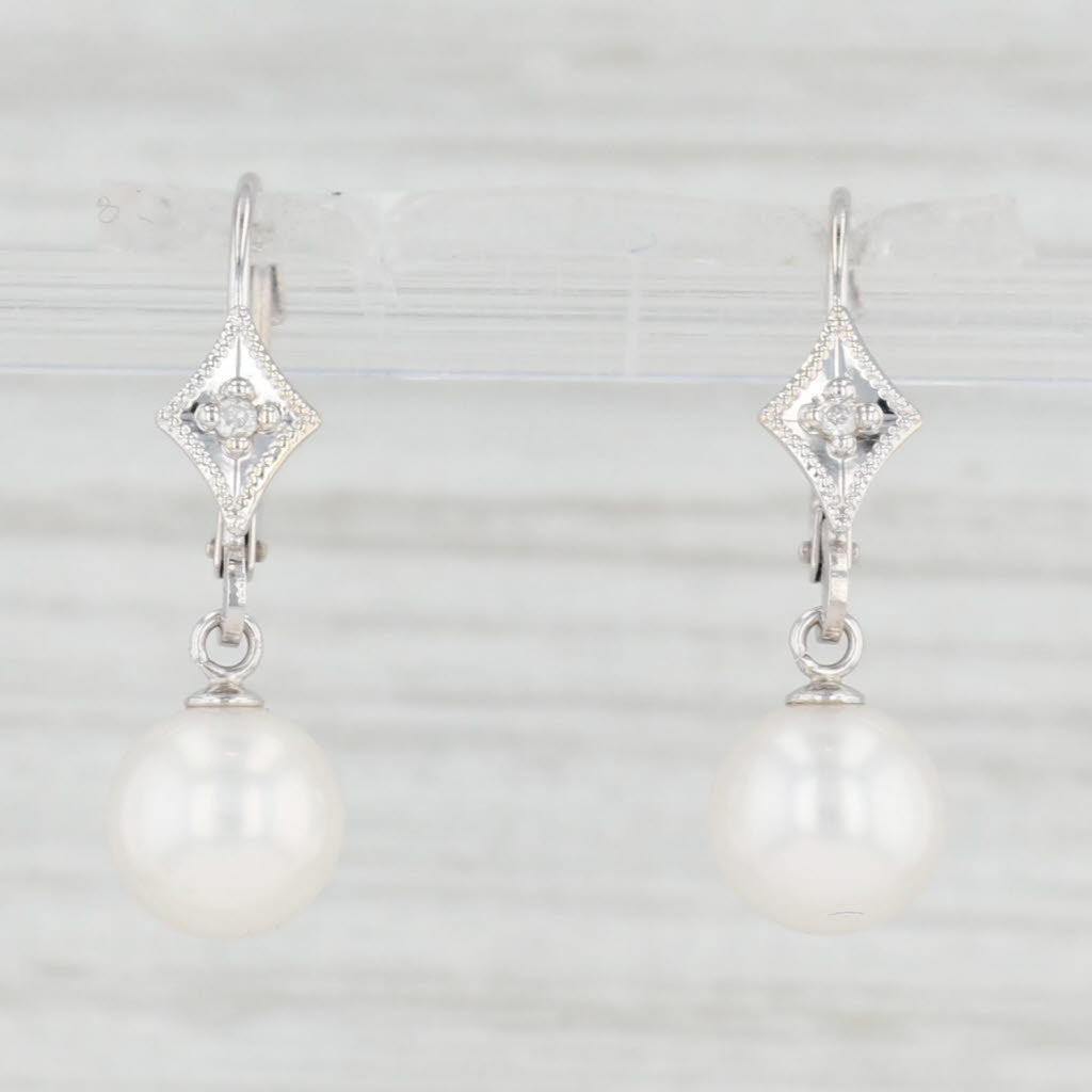 Light Gray Cultured Pearl Diamond Dangle Earrings 14k White Gold Drops