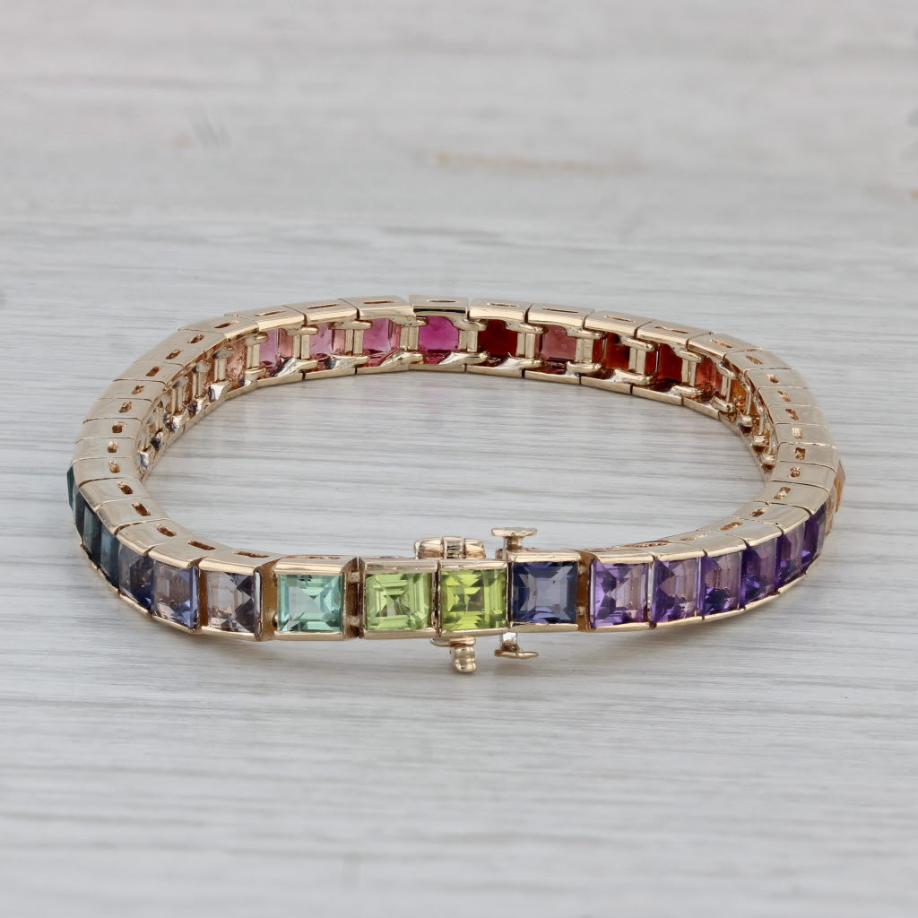 Gray Rainbow Gemstone Tennis Bracelet 14k Yellow Gold 6.75" Amethyst Sapphire Topaz