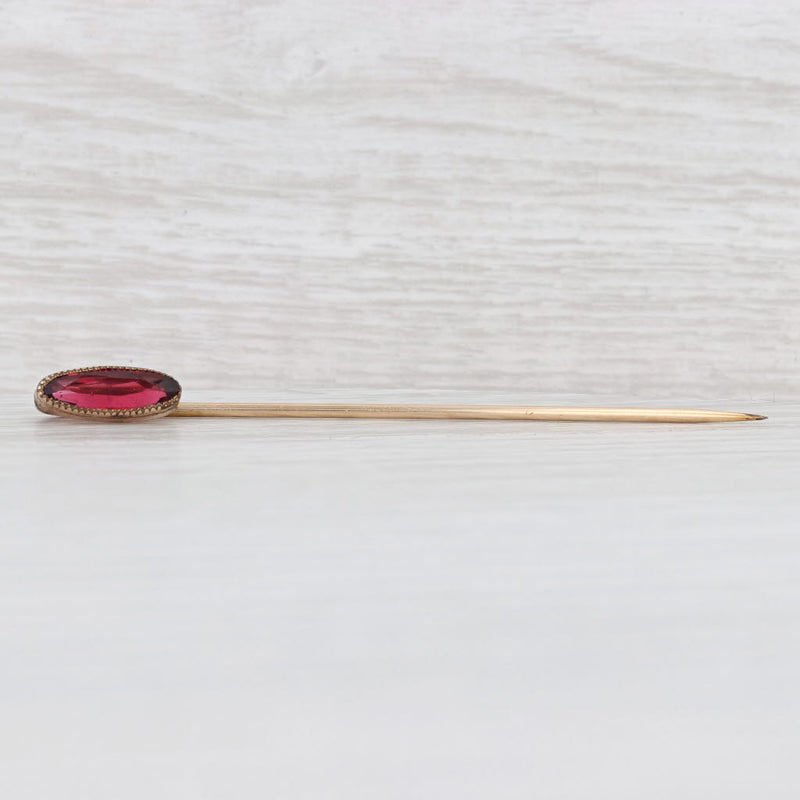 Light Gray Antique Oval Red Glass Stickpin Gold Filled Pin
