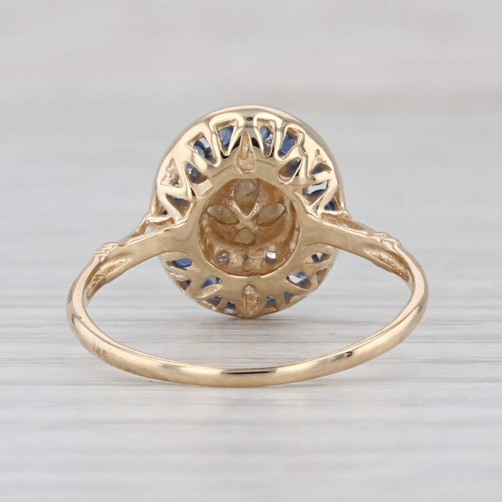 Vintage Cultured Pearl Sapphire Diamond Halo Ring 14k Yellow Gold Size 7.75