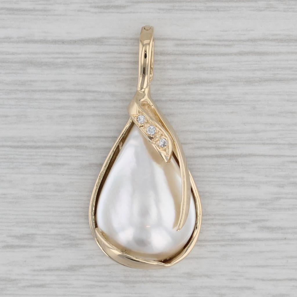 Gray Mabe Pearl Diamond Teardrop Pendant 14k Yellow Gold Enhancer Clip Bail