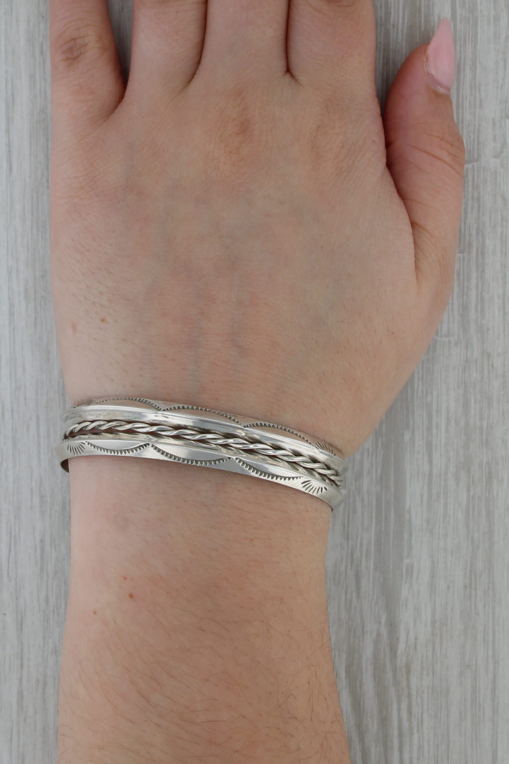 Vintage Native American Southwestern Stamped Cuff Bracelet Sterling Silver 6.75"