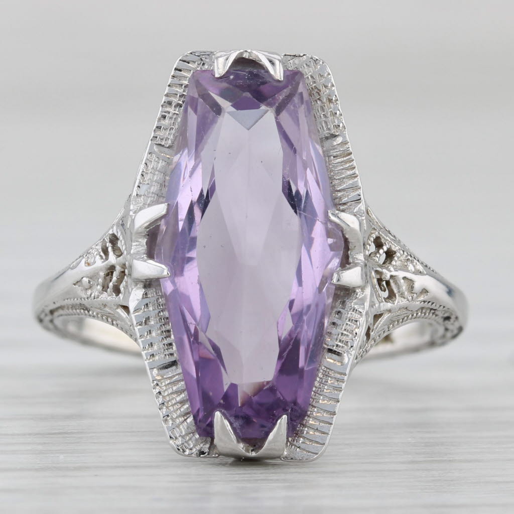 Gray Vintage Amethyst Solitaire Ring 14k White Gold Filigree Size 6.5