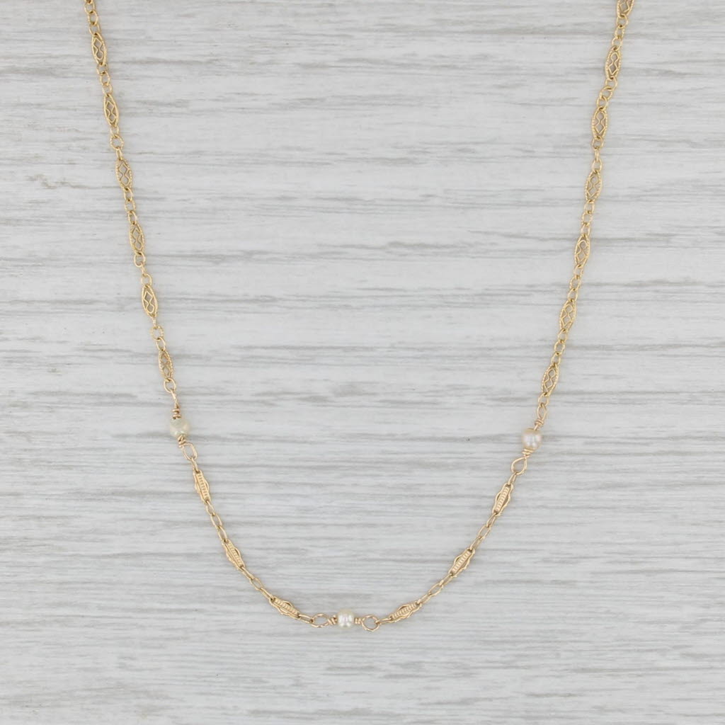 Filigree Link Chain Seed Pearl Station Necklace 14k Yellow Gold 19"