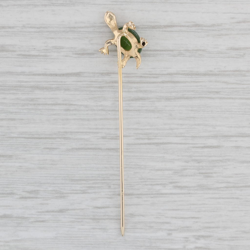 Gray Little Turtle Stickpin Green Nephrite Jade 14k Yellow Gold Vintage