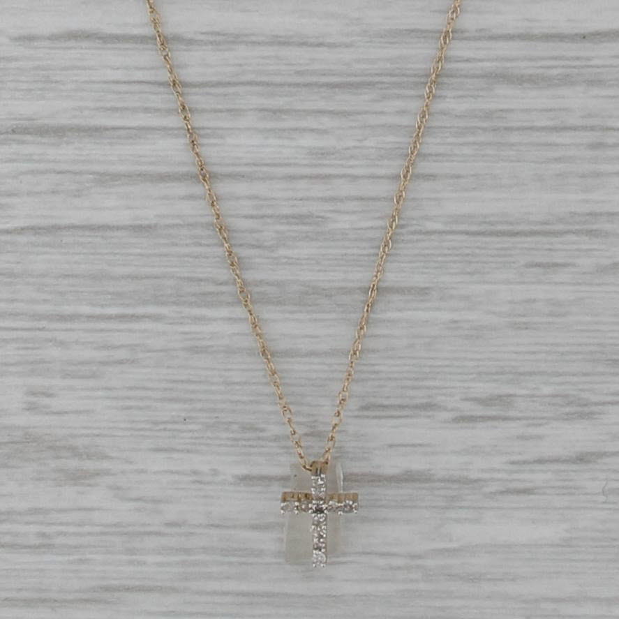 Small Diamond Cross Pendant Necklace 14k Yellow Gold 18" Rope Chain
