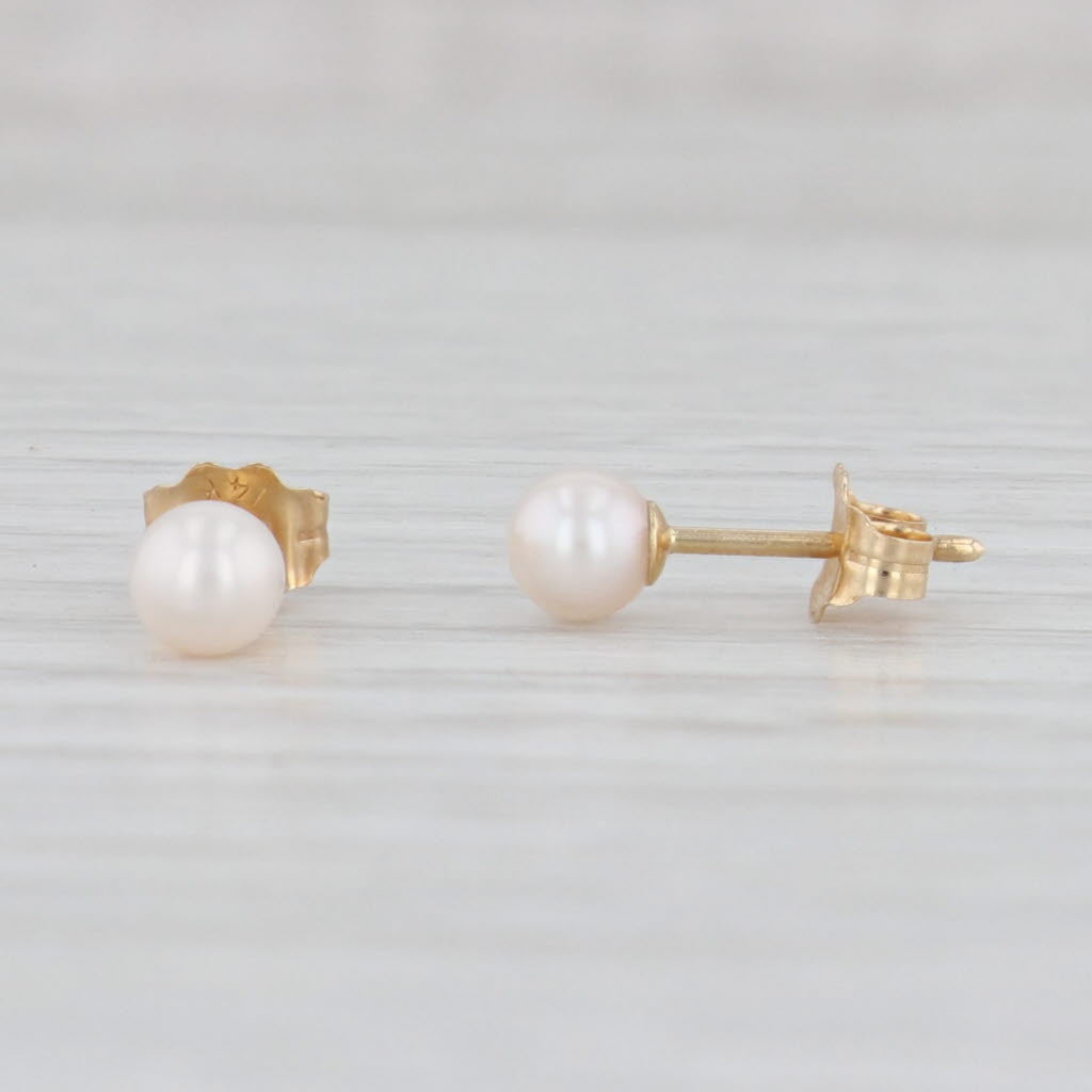 Light Gray New Cultured Pearl Stud Earrings 14k Yellow Gold 4.2mm Round Bead Solitaires