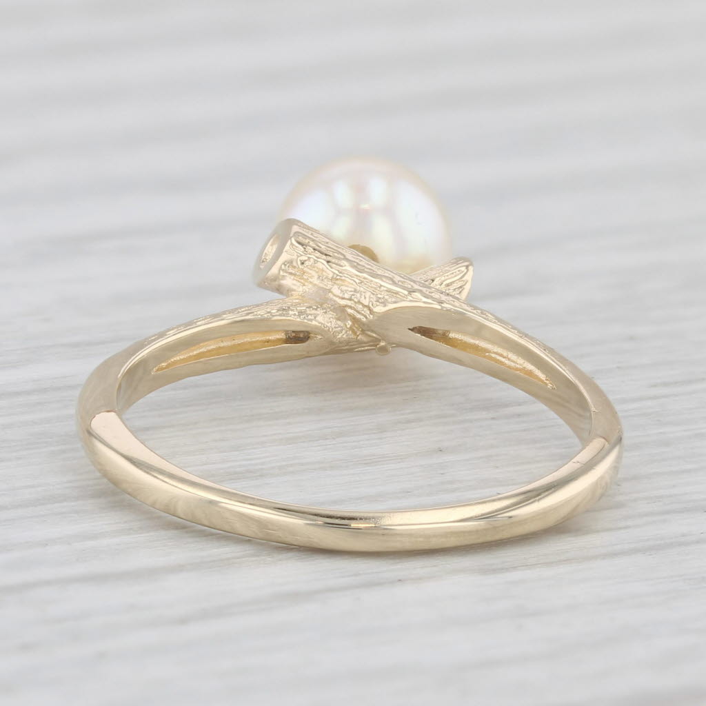 Light Gray Cultured Pearl Solitaire Ring 10k Yellow Gold Size 6.25 Woodgrain Etched Band