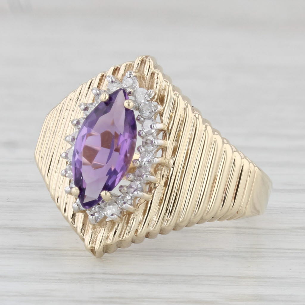 Light Gray 0.90ctw Marquise Amethyst Diamond Halo Ring 10k Yellow Gold Size 6.25