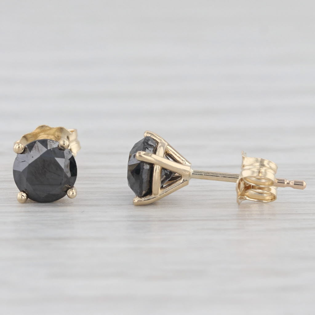 Light Gray New 1.31ctw Black Diamond Stud Earrings 14k Yellow Gold Round Solitaires