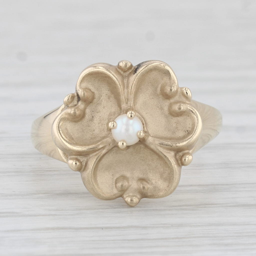 Light Gray Vintage Cultured Pearl Plumeria Flower Ring 10k Yellow Gold Size 6.75