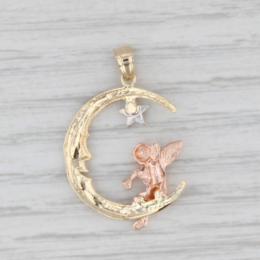 Light Gray Tri-Toned Crescent Moon Star Guardian Angel Pendant 14k Yellow White Rose